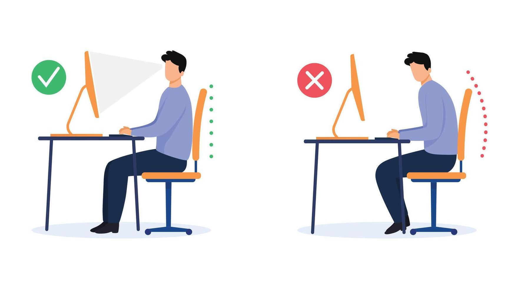 Ergonomics - Man silhouette of correct and incorrect sitting posture when using a computer. Medical infographics with spine sitting correctly on a chair vector