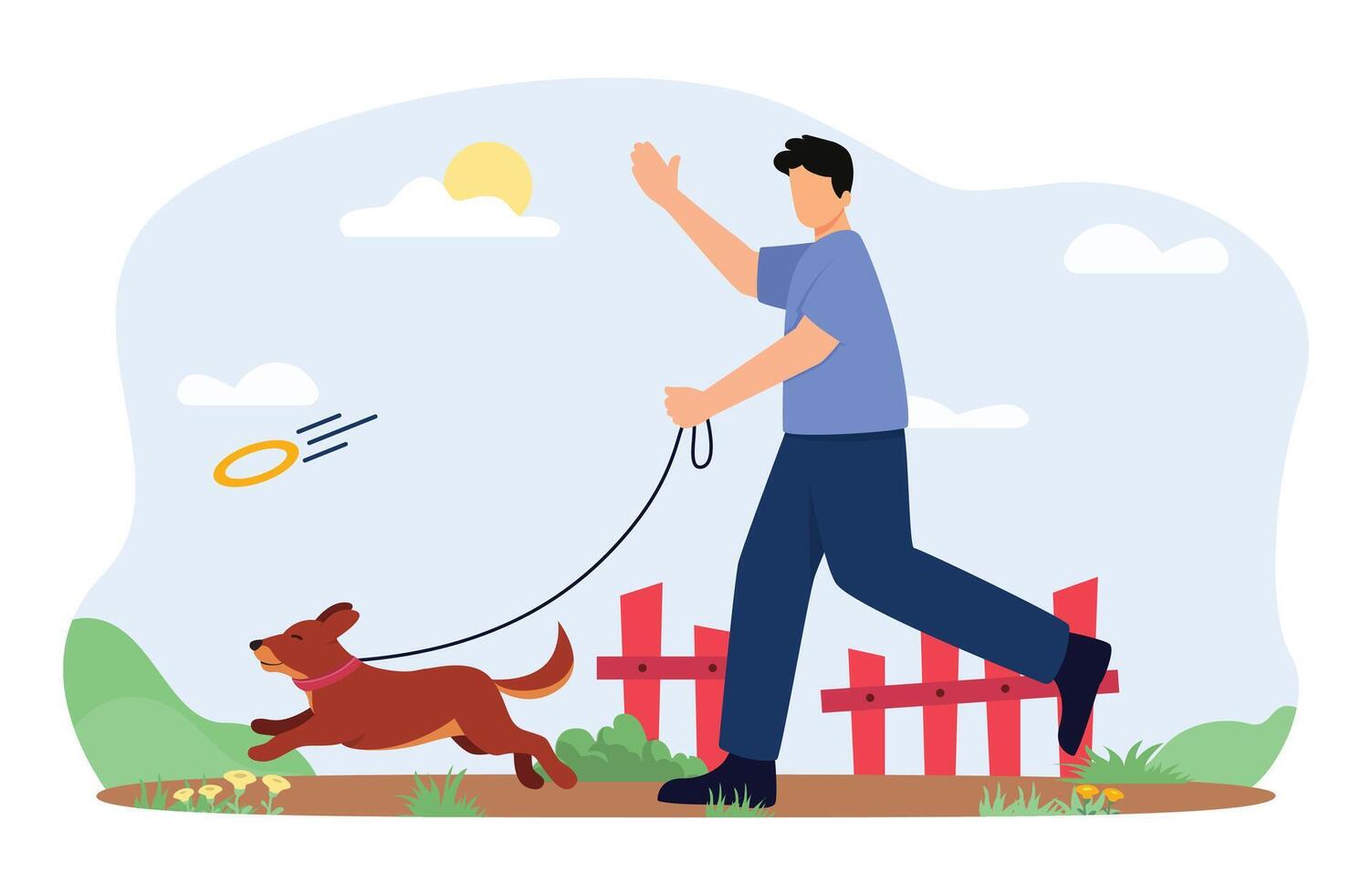 Man Walking with Dog Outdoors, Relaxing. Leisure, Communicating with Home Animal in Park. vector