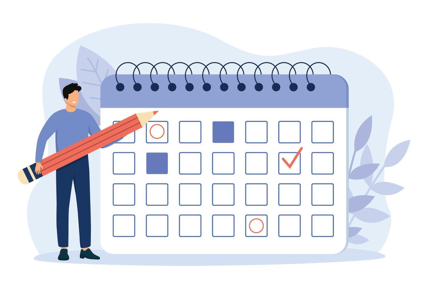 Characters planning work tasks and making schedule using calendar. Man with pencil appointing date of event and making note in calendar. Business and organization concept. vector