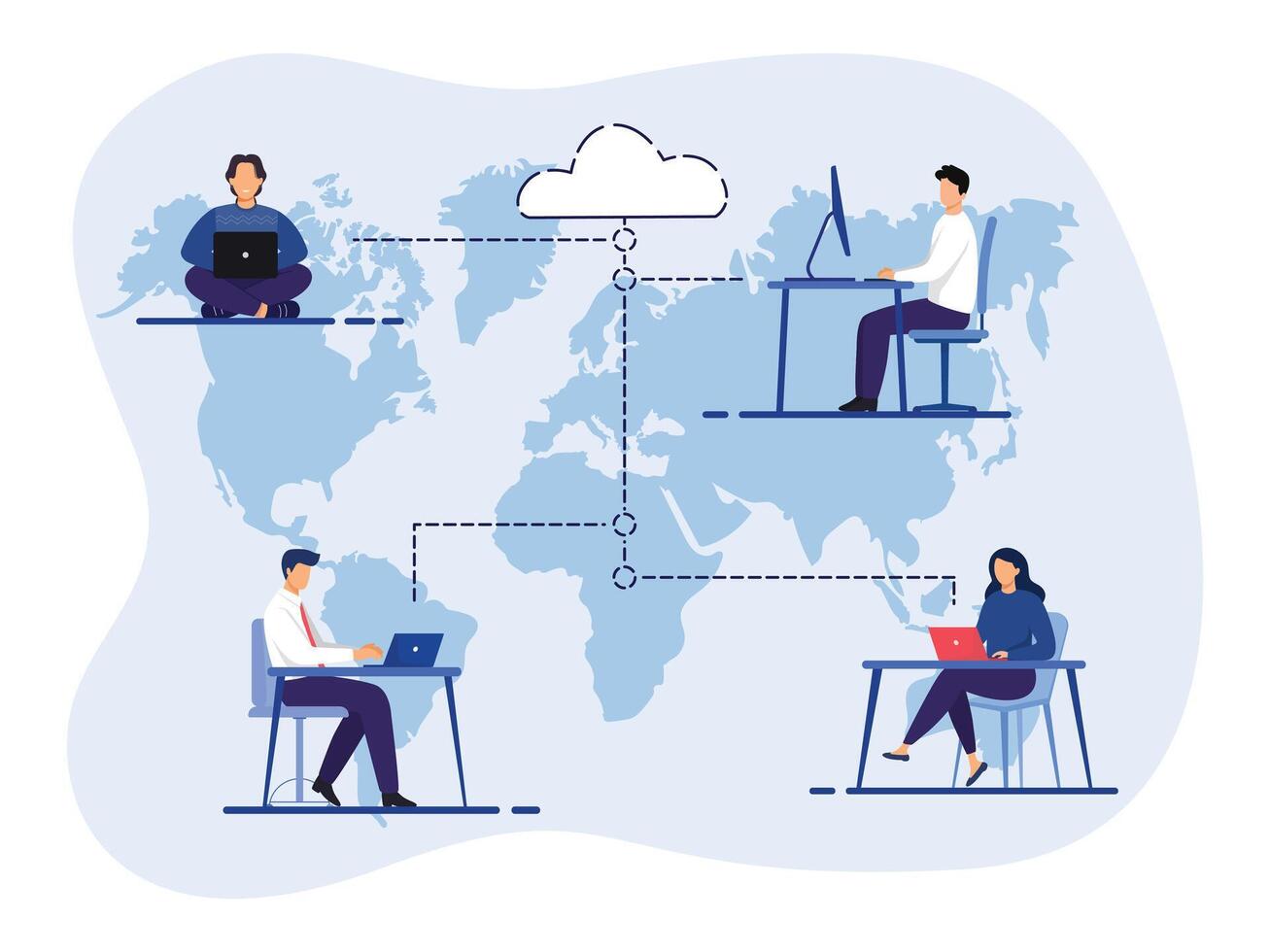 Business Outsourcing, People Using Cloud System in Distant Work and Data Storage. Business process outsourcing, outplacement, offshore software development, freelance job, and recruitment company. vector