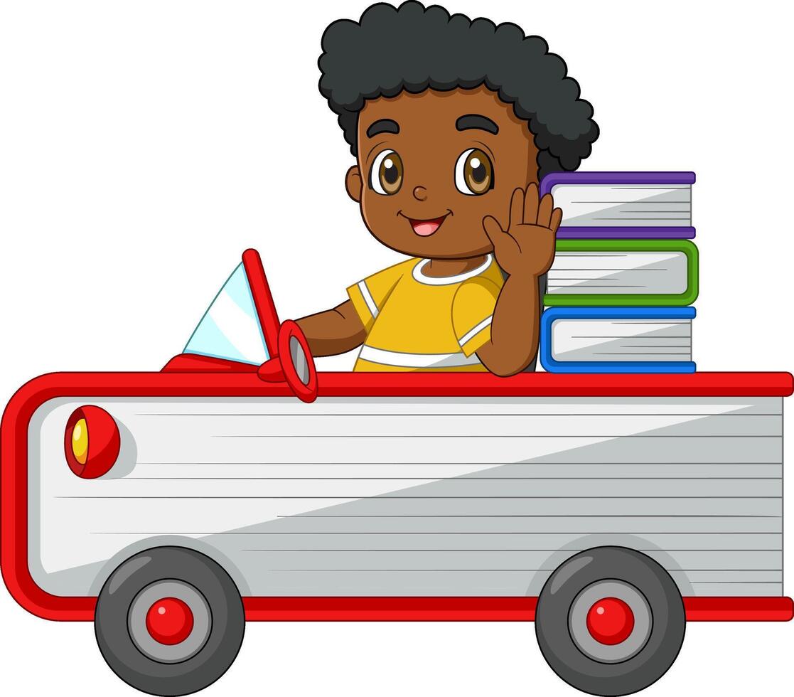 Cartoon boy riding a book car vector