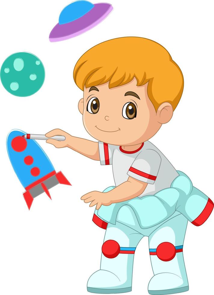 Cute boy paint drawings on wall using crayons cartoon vector