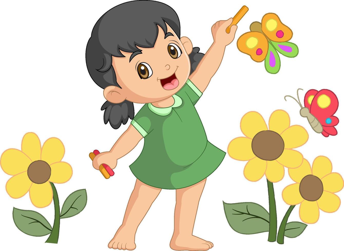 Cute girl paint drawings on wall using crayons cartoon vector