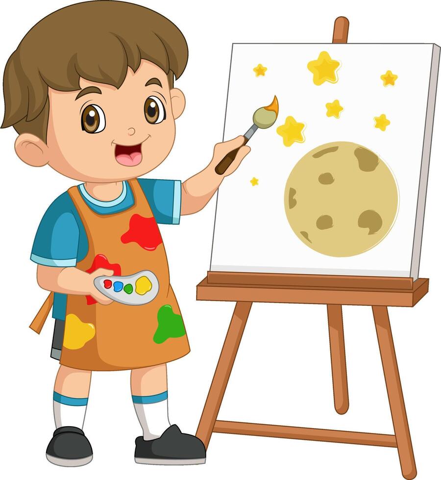 cute boy painting space on canvas vector