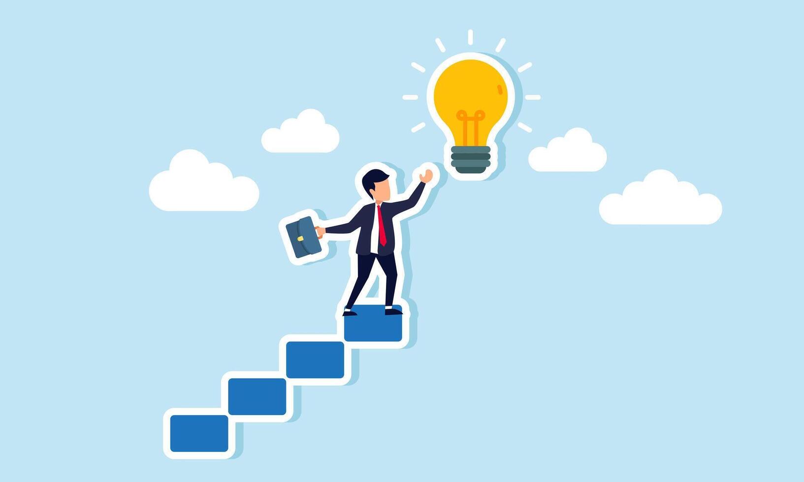 A businessman stands at the top of a ladder reaching for a glowing light, illustration of efforts to gain business ideas and innovations vector