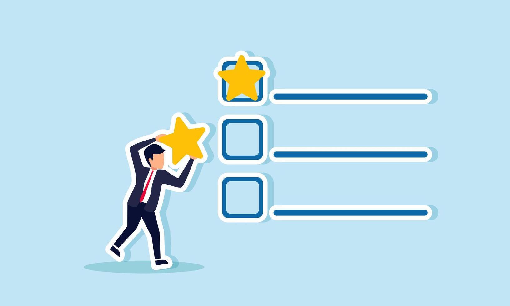 A businessman tries to mark a star on a checklist box, illustration of giving assessments on business quality ratings vector
