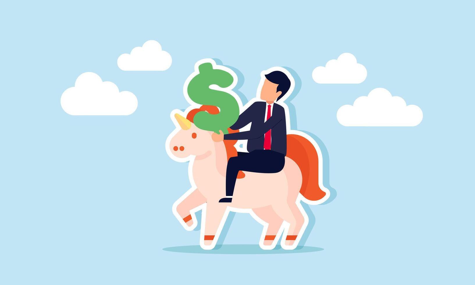 A businessman carries a dollar sign while riding a unicorn, illustration of managing financial stability to sustain the growth of unicorn-level startups vector