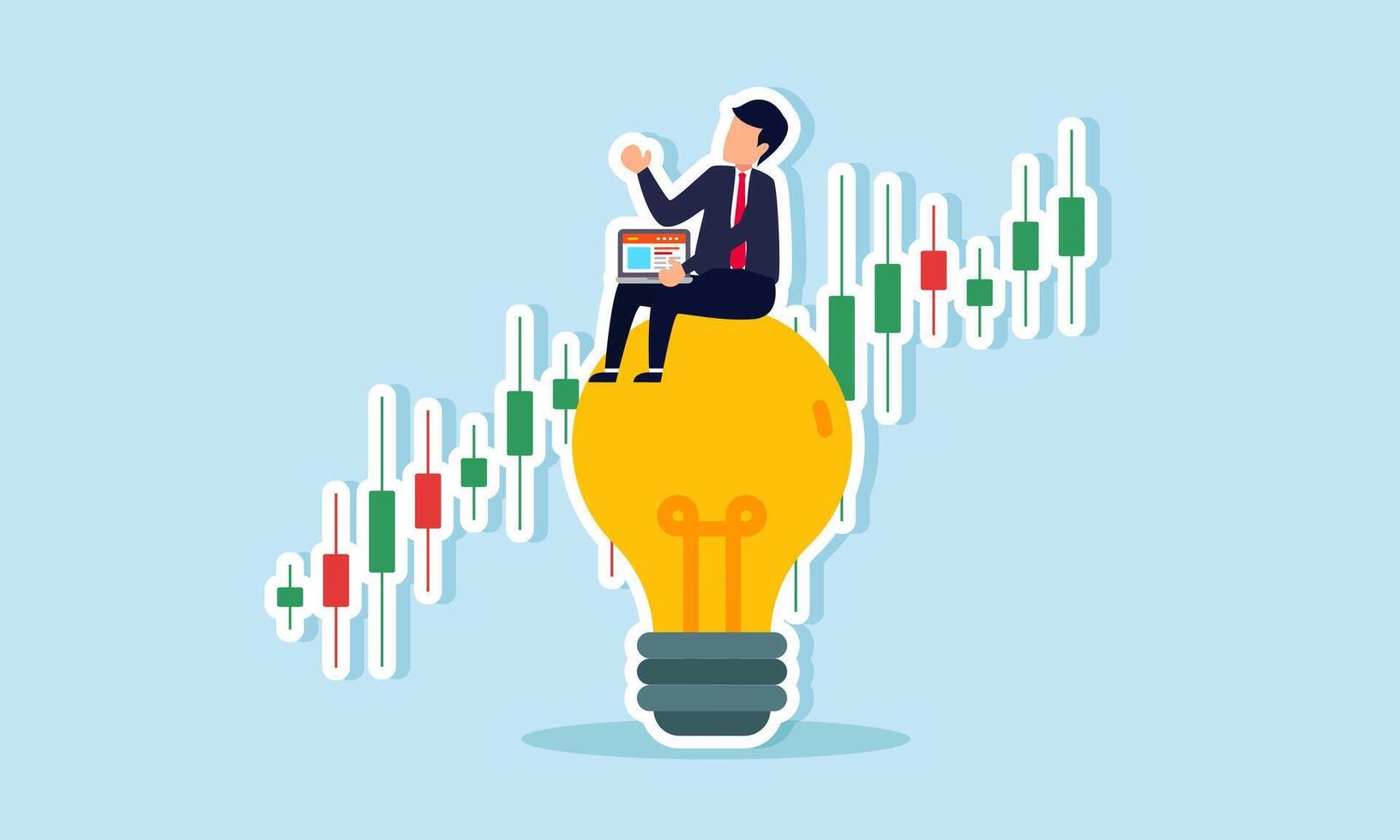 A businessman holds a laptop while sitting on a lamp in front of a stock chart, illustration of creativity in analyzing opportunities to gain profit from stocks vector
