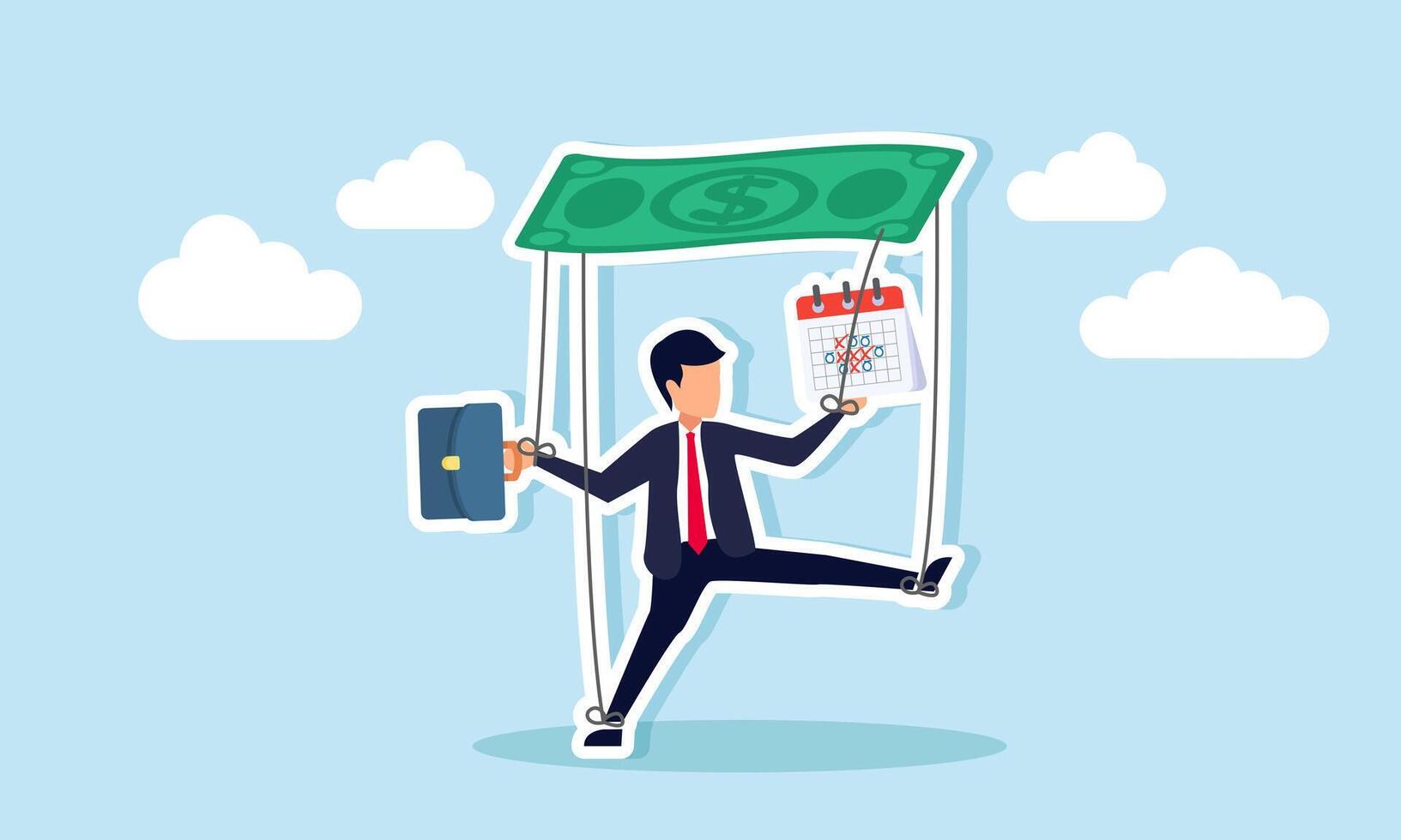 A businessman as a puppet tied with strings connected to dollar money holds a calendar schedule, illustration of binding business project rules to complete business agendas vector