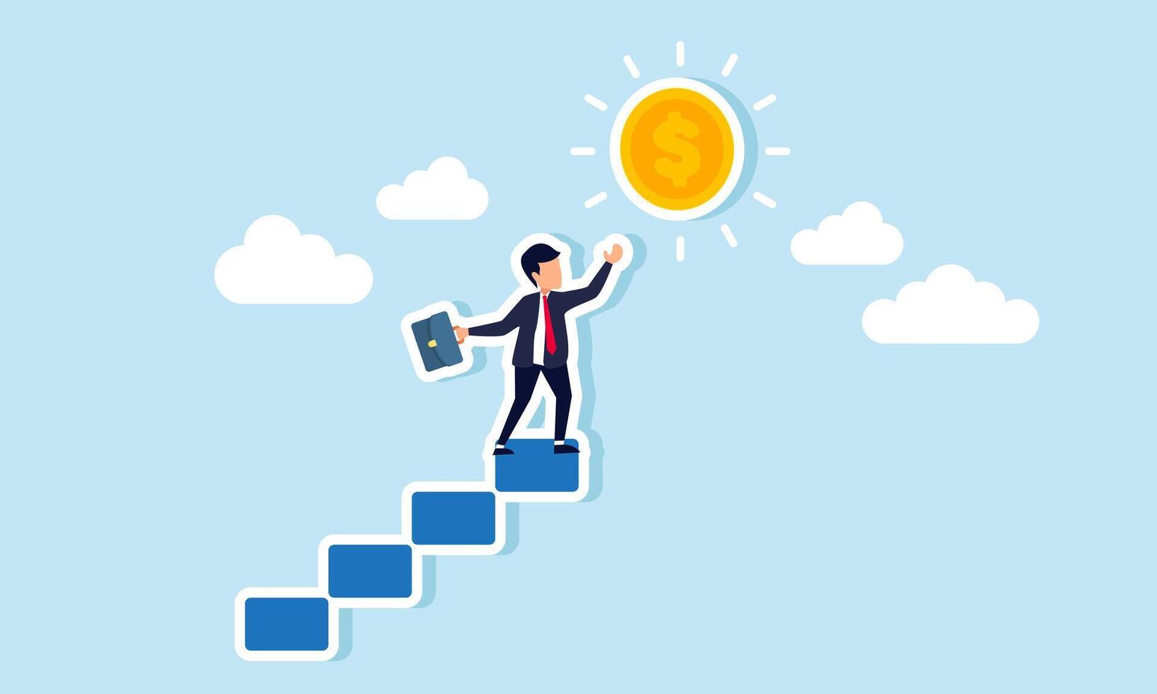 A businessman stands at the top of a ladder reaching for a glowing dollar coin, illustration of efforts to achieve business profits vector