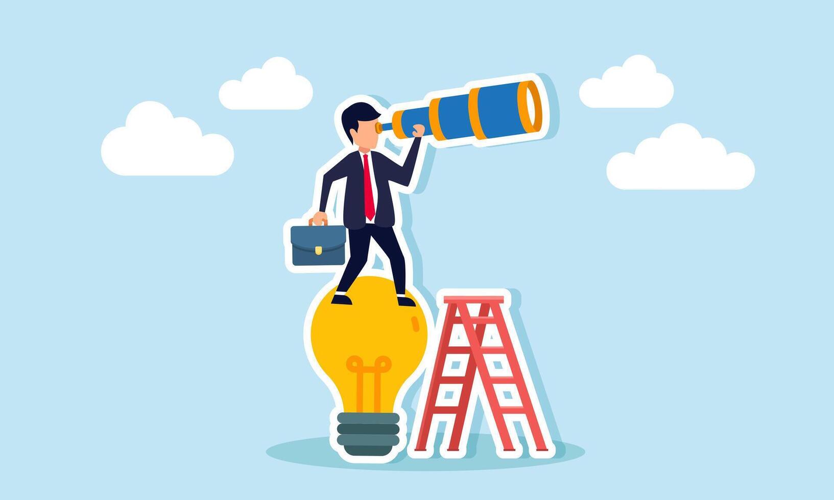 A businessman uses a telescope from atop a lamp, illustration of analyzing and observing business idea trends currently growing vector