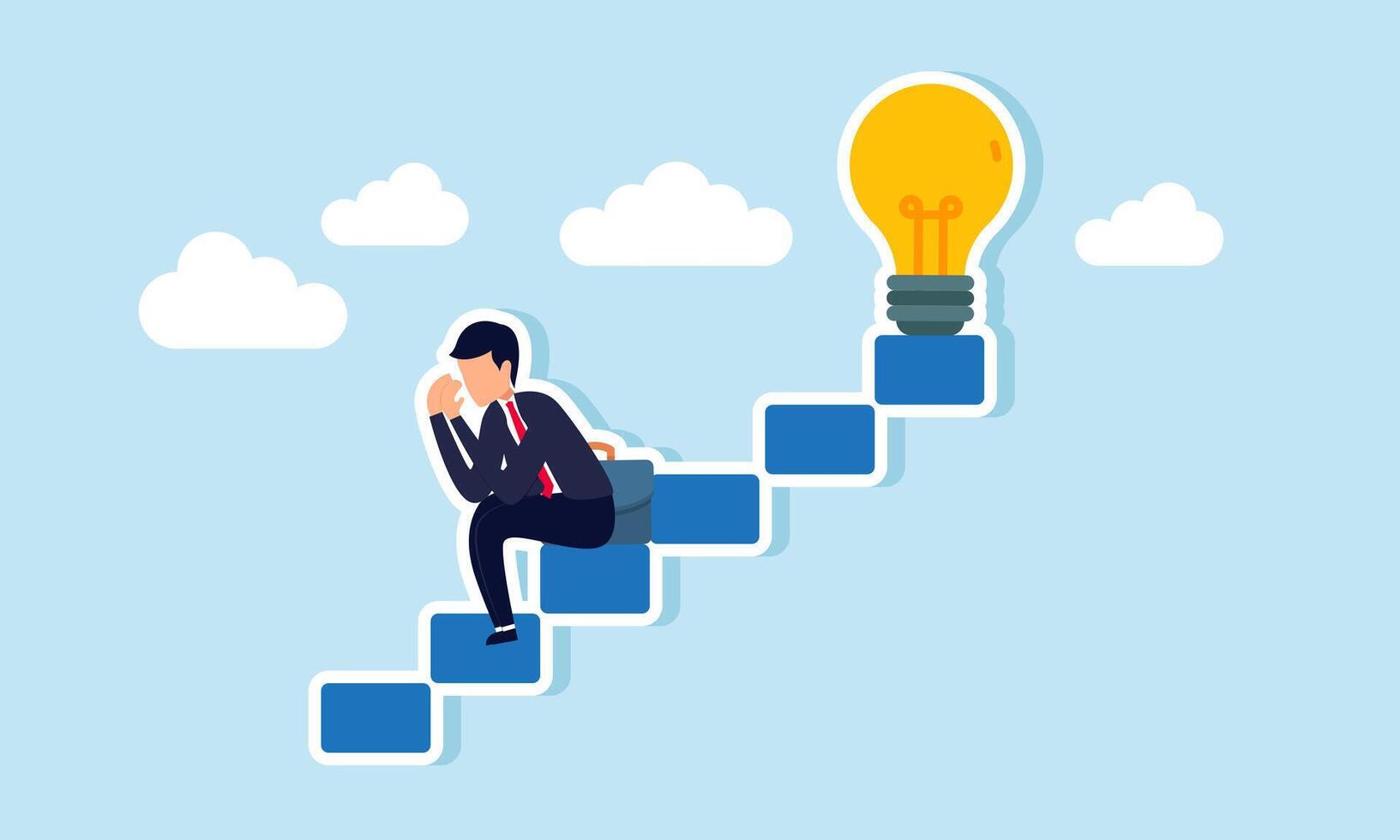 A businessman feels sad and sits on the middle of stairs leading to a light, illustration of stopping the fight before finishing or completing the search for business ideas and innovation vector
