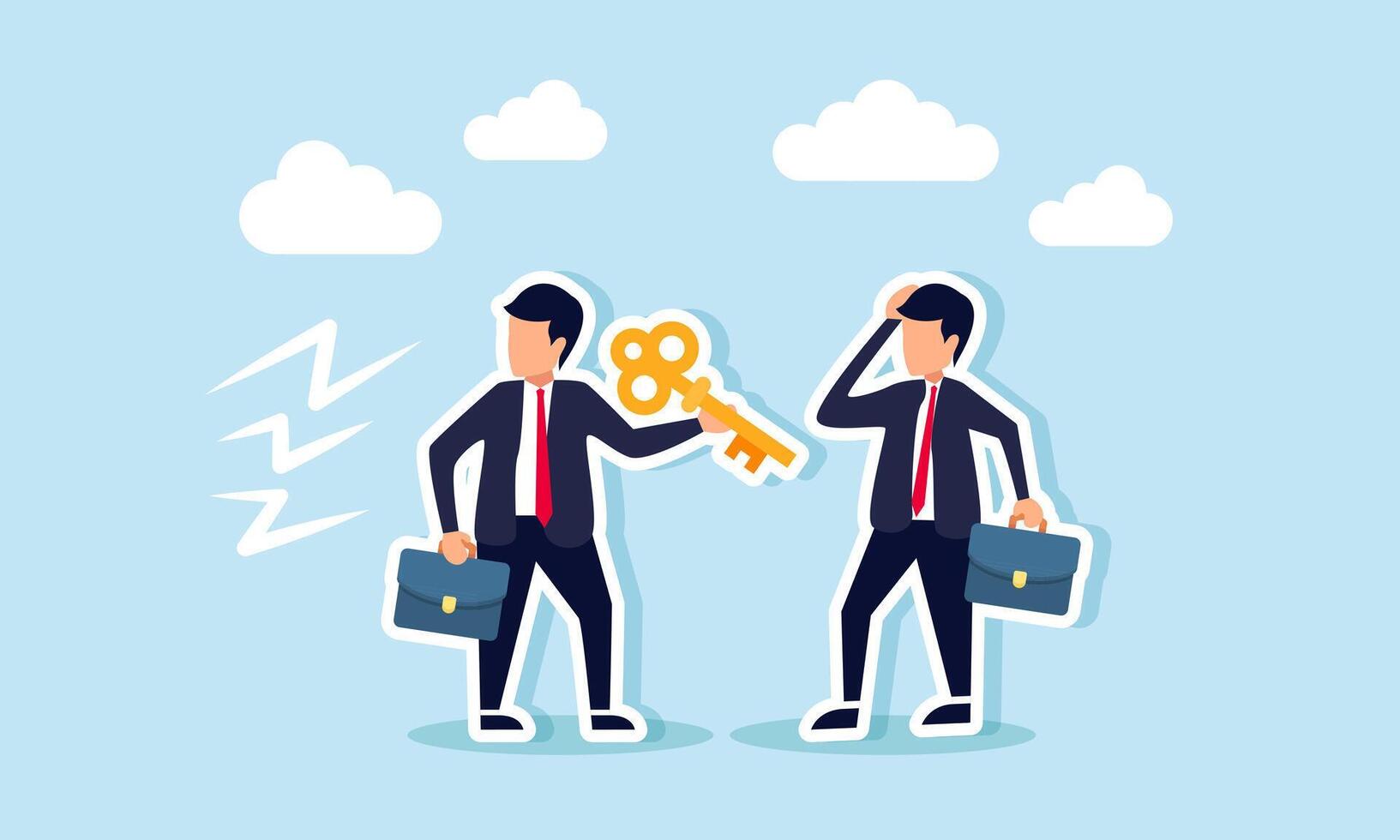 A businessman hands a key to another businessman with a speech bubble, illustration of discussions about finding solutions to business problems vector