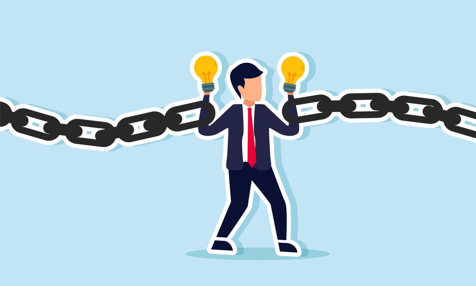 A businessman holds a lamp in each hand chained together, illustration of creativity in business innovation constrained by company rules vector
