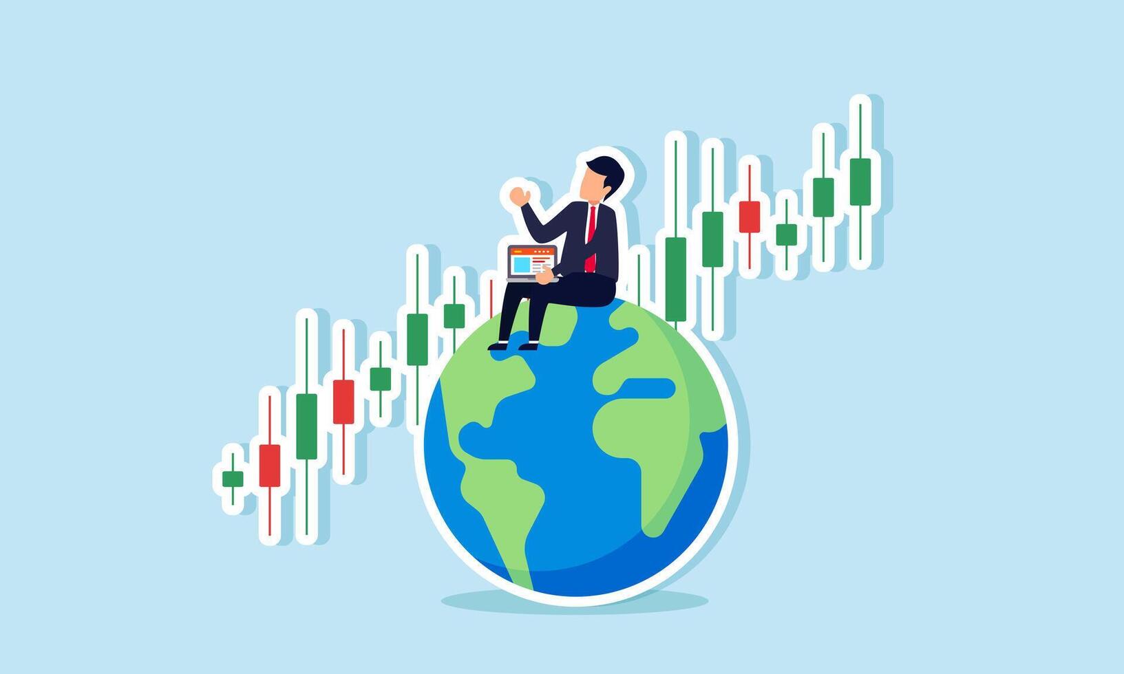 A businessman holds a laptop while sitting on a globe in front of a stock chart, illustration of a top global investor analyzing opportunities to gain profit from stocks vector