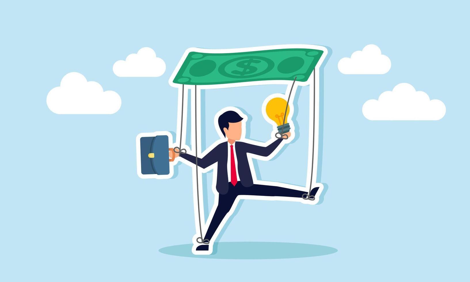 A businessman as a puppet tied with strings connected to dollar money holds a lamp, illustration of binding business project rules limiting ideas, innovation, and creativity vector