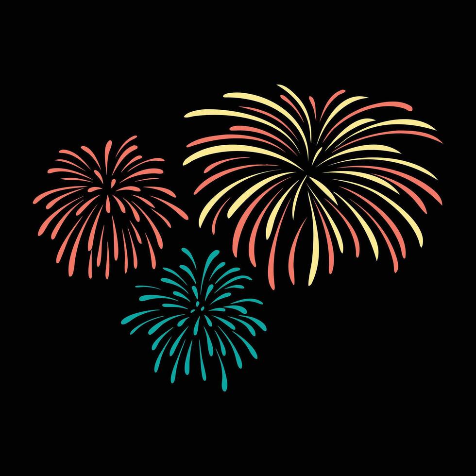 Colorful fireworks hand-drawn illustration on a black background. vector