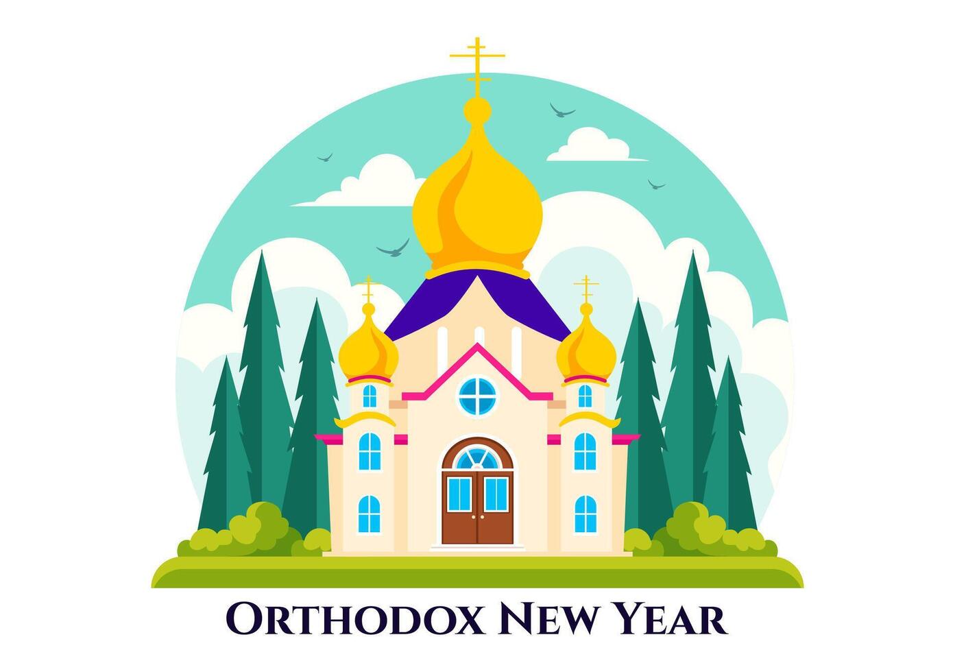 Orthodox New Year Holiday with Fireworks and Church Design in Cartoon Style vector