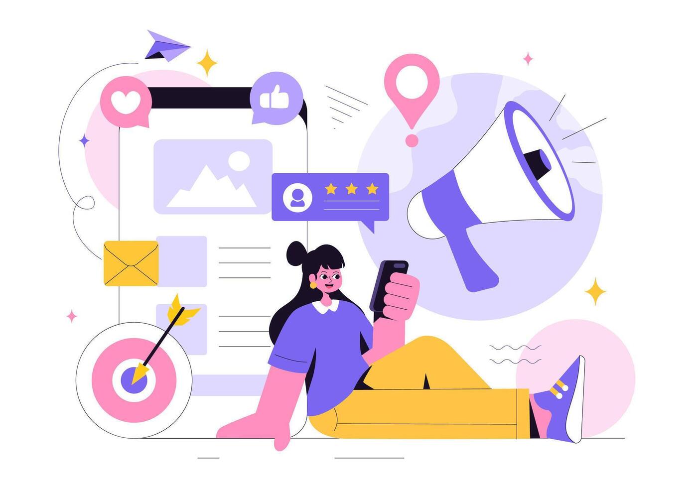 Public Relations Concept Illustration with a Team Creating Marketing Strategies to Promote Business Through Mass Media vector