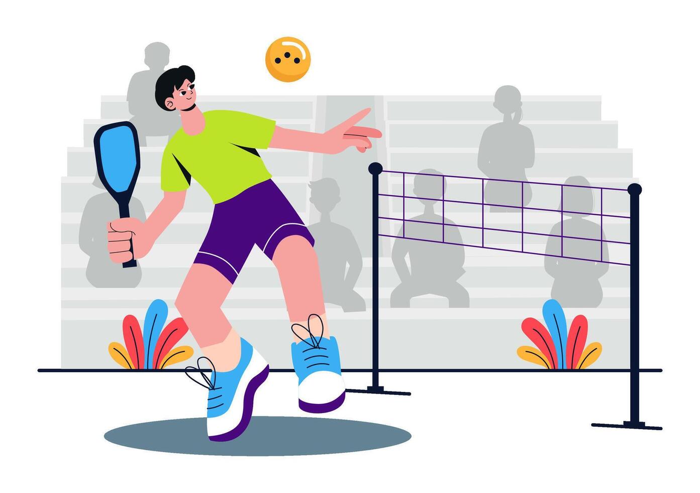 Pickleball Game Scene Art with Athletes, Rackets, and Sports Equipment vector