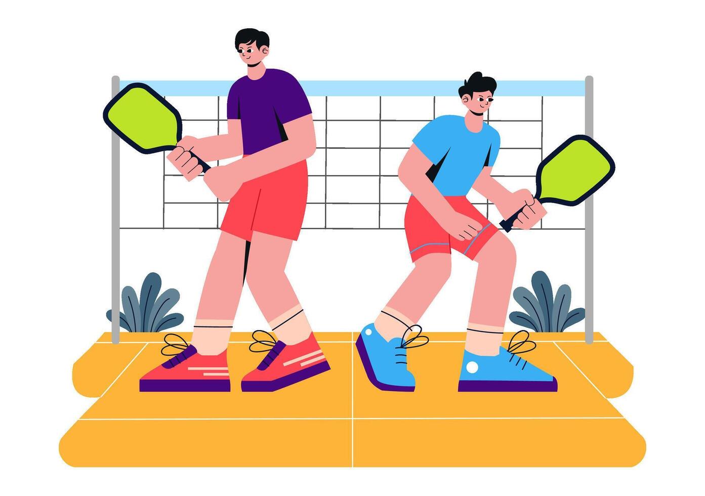 Pickleball Competition Illustration Showing Players and Court Elements in Flat Style vector