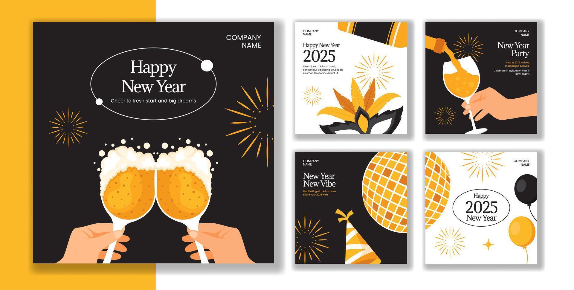 Happy New Year 2025 Festive Social Media Post Design in Flat Cartoon Style vector