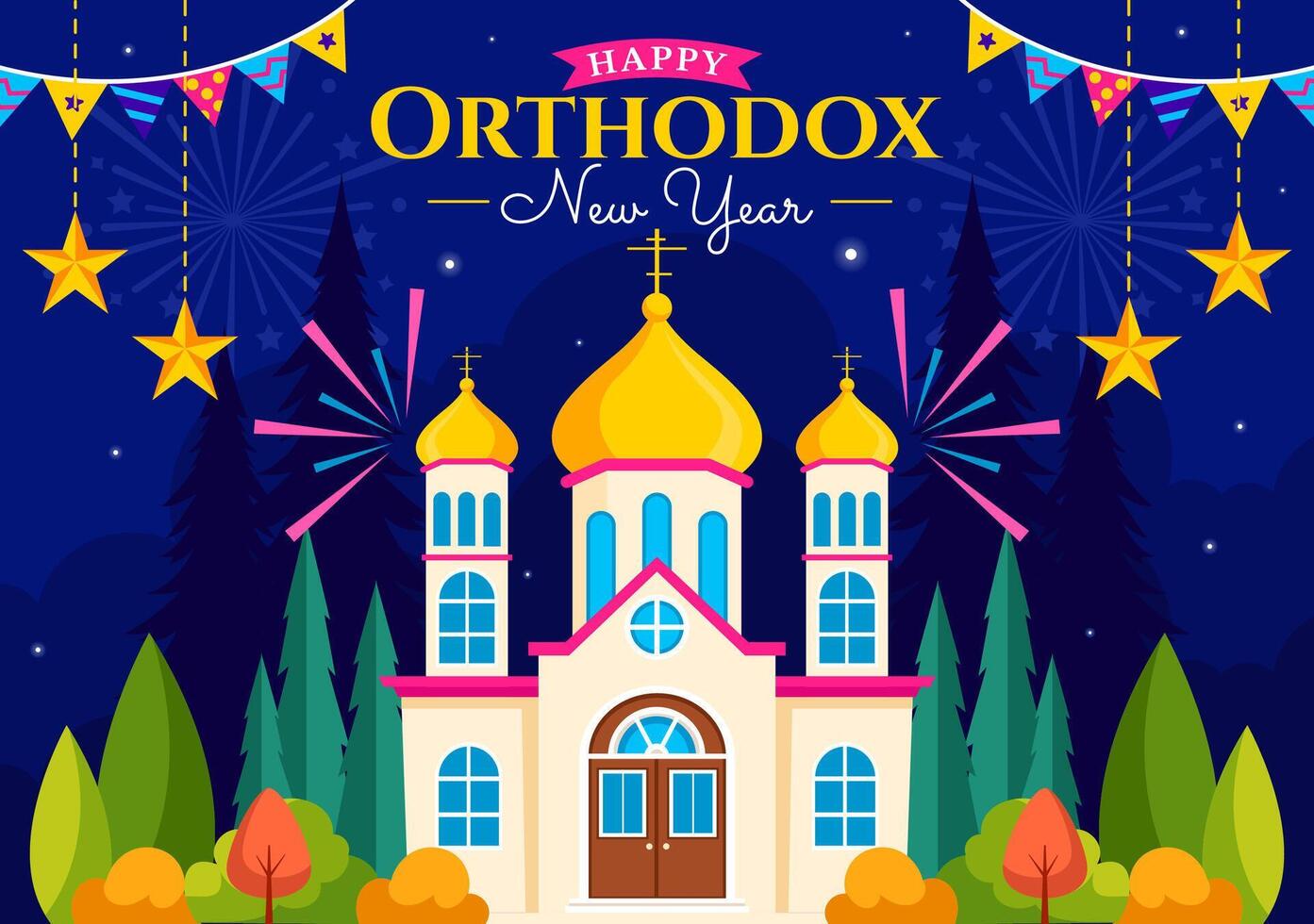 Flat Cartoon Illustration of Orthodox New Year Celebration with Fireworks and Church vector