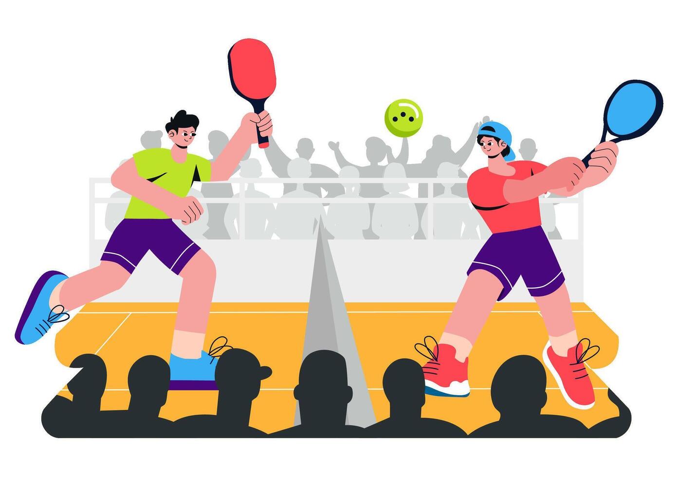Art of Pickleball Match Featuring a Ball, Paddles, and Players in Action vector