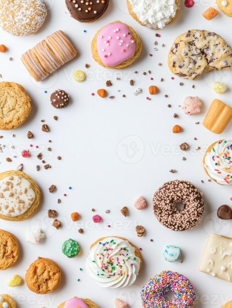 Variety of colorful cookies and sweets arranged on a white background, featuring a circular design with space for text or branding. photo