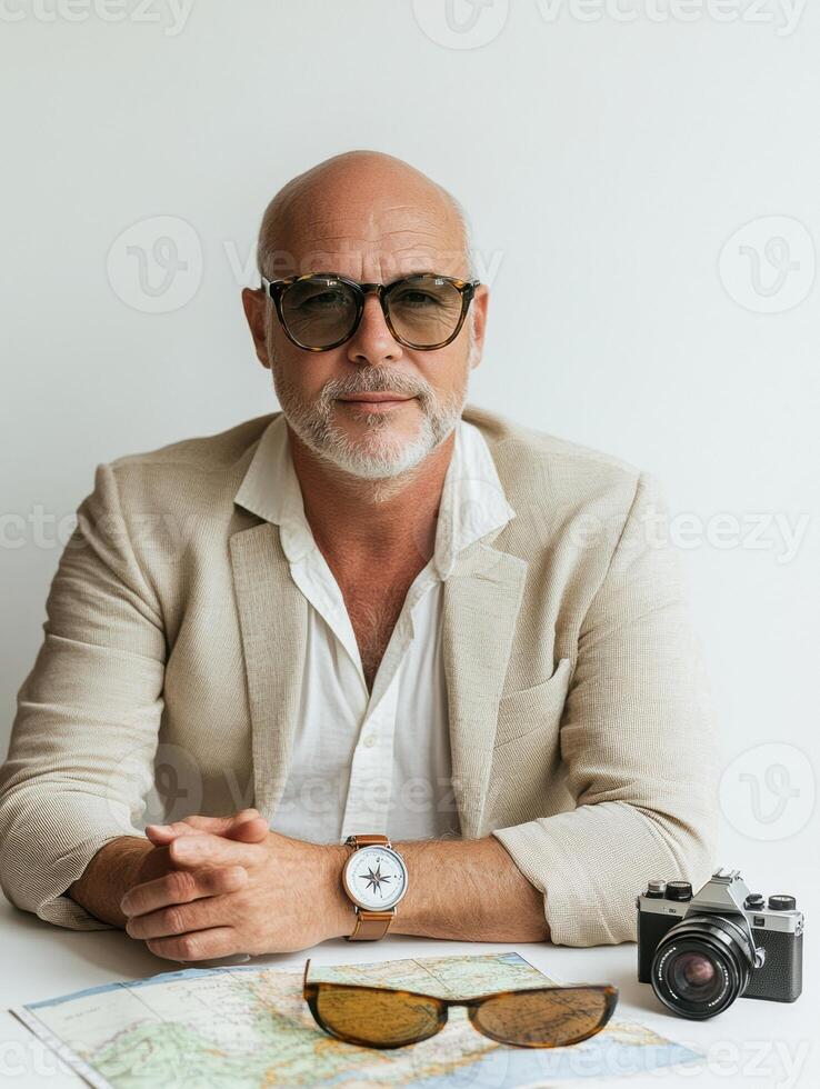 Essential travel items are displayed on a white background, including a map, compass, small camera, and sunglasses, perfect for trip preparation. photo
