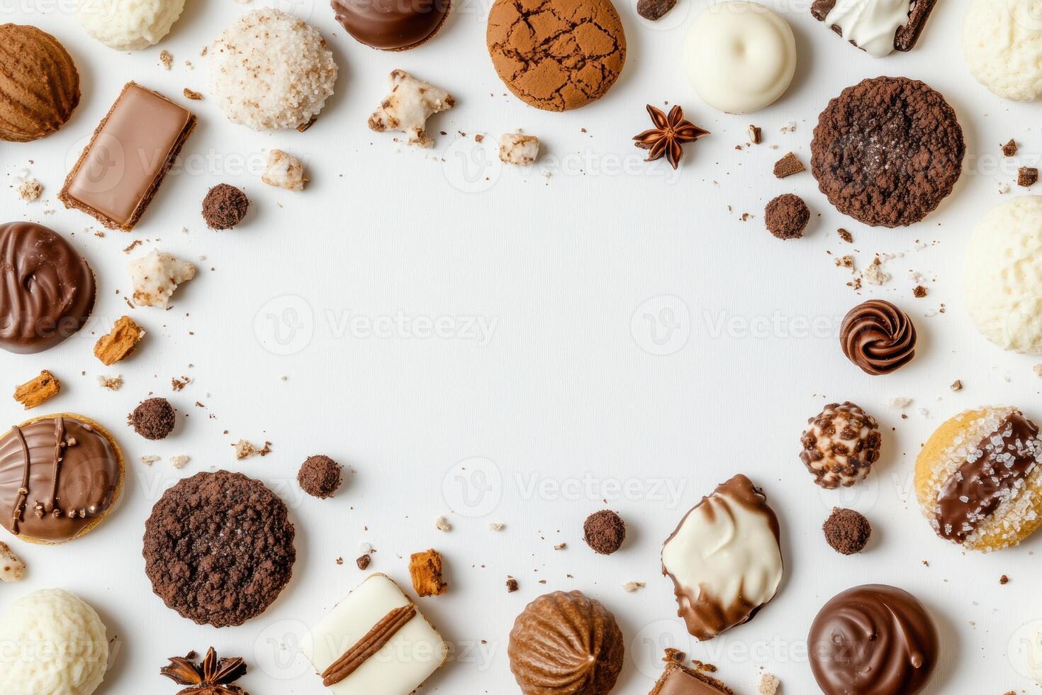 Colorful arrangement of various sweets and cookies on a white background, perfect for adding personalized text or designs. photo