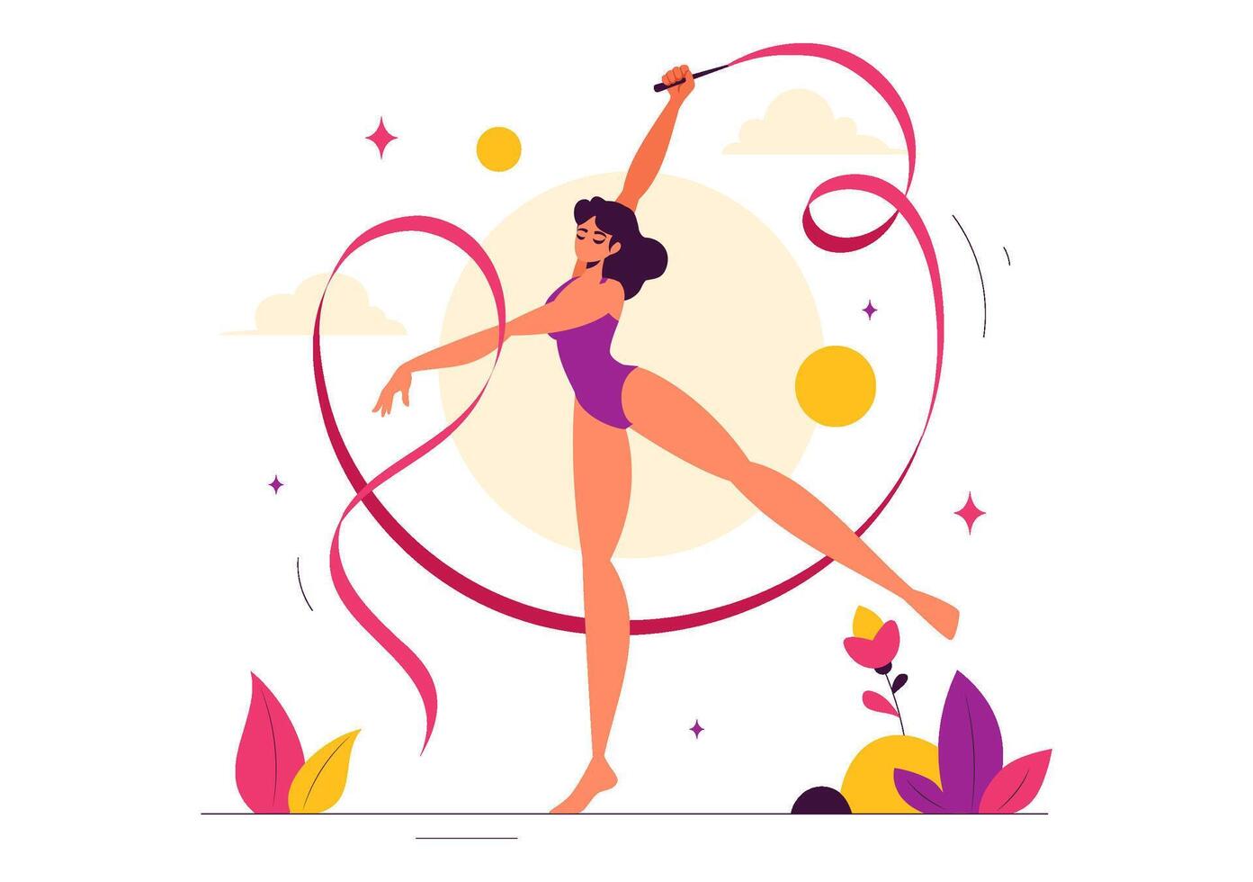 Rhythmic Gymnastics with Ribbon Illustration featuring a Female Athlete in a Flat Cartoon Style Background vector