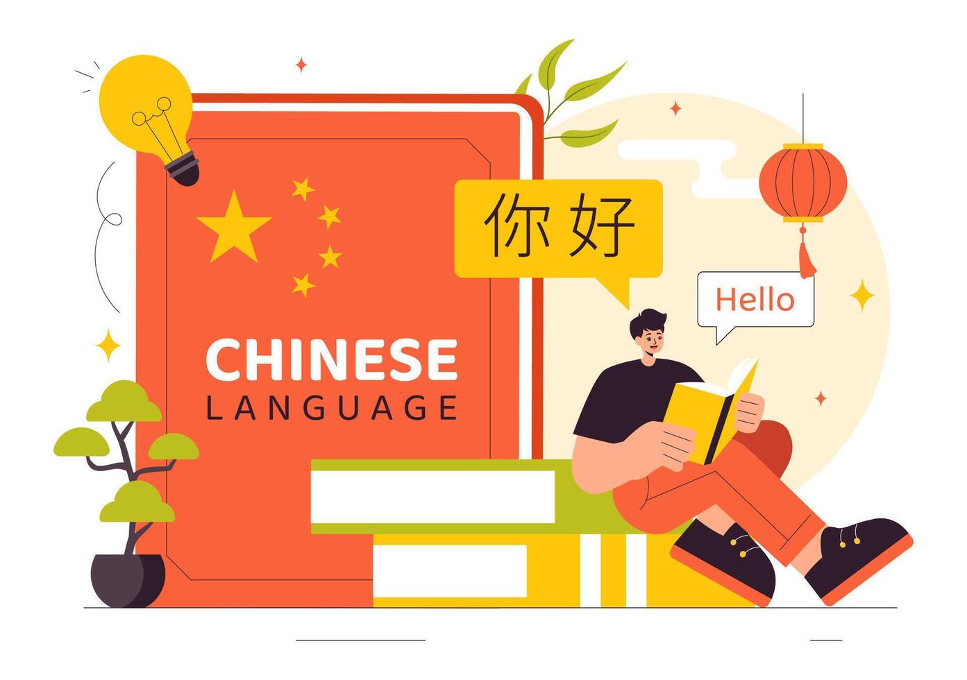 Chinese Language Class Illustration Highlighting Communication Skills with Hello Translation vector