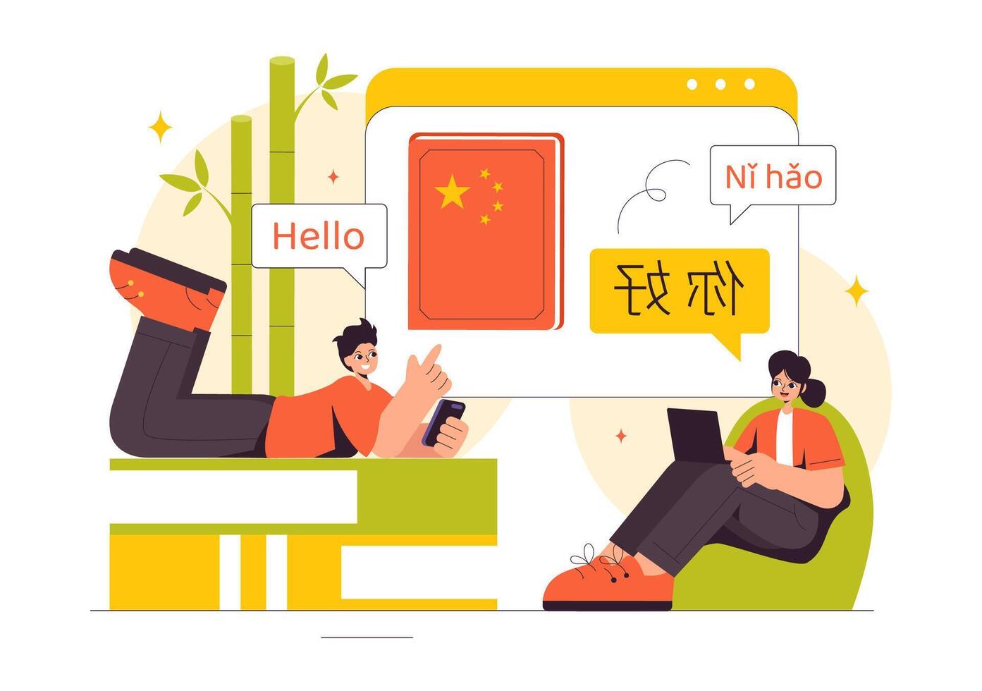 Language Learning Illustration Featuring Chinese Ni Hao and Speaking, Reading, Listening Activities vector