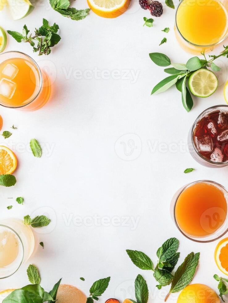 Various drinks including juice, tea, and soda are beautifully arranged with fresh mint and fruits, creating a vibrant, inviting atmosphere. photo