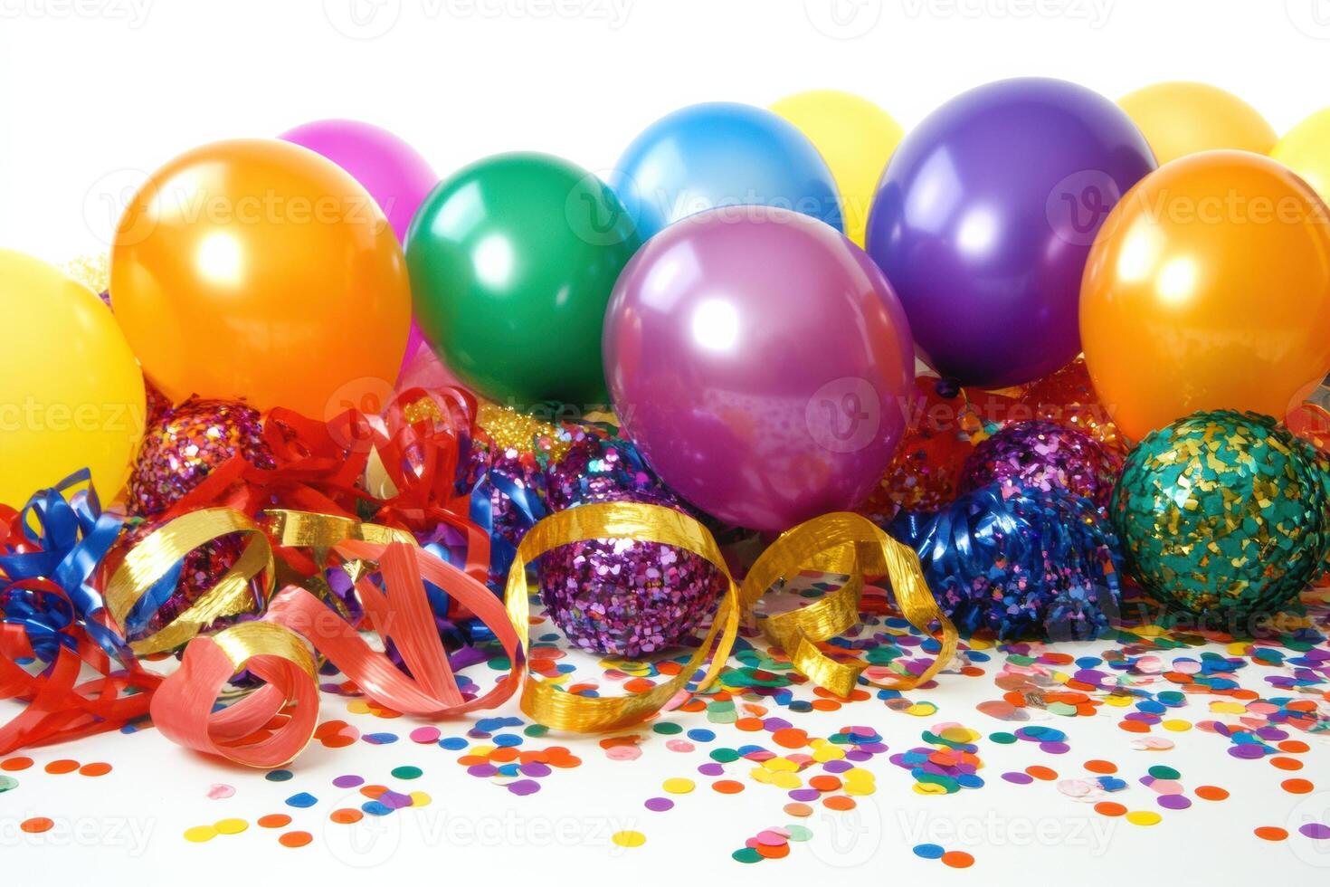 Brightly colored balloons, shiny confetti, and festive ribbons are arranged on a white background, providing a cheerful setting for celebration. photo