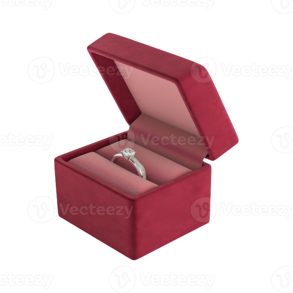 Elegant Engagement Ring in Velvet Box. Diamond Ring in Red Box png