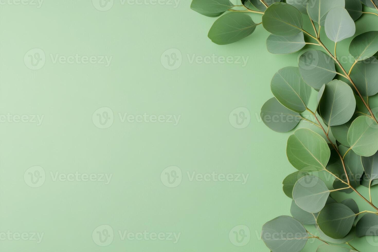 Eucalyptus branch with round leaves placed on a soft mint pastel background photo