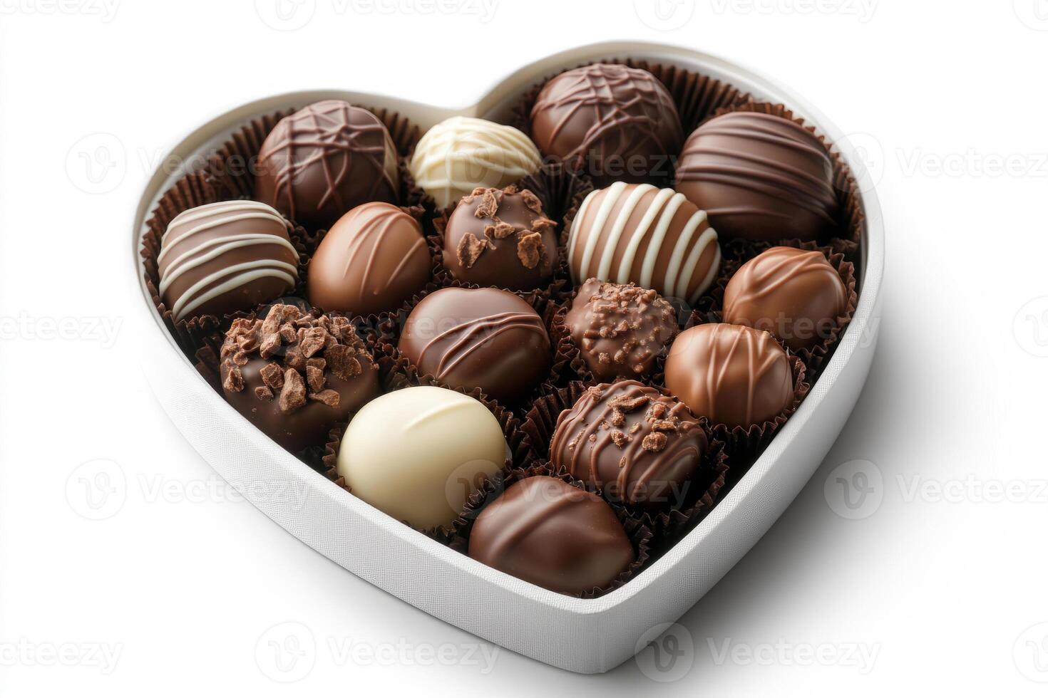 Heart shaped box filled with an assortment of gourmet chocolates photo
