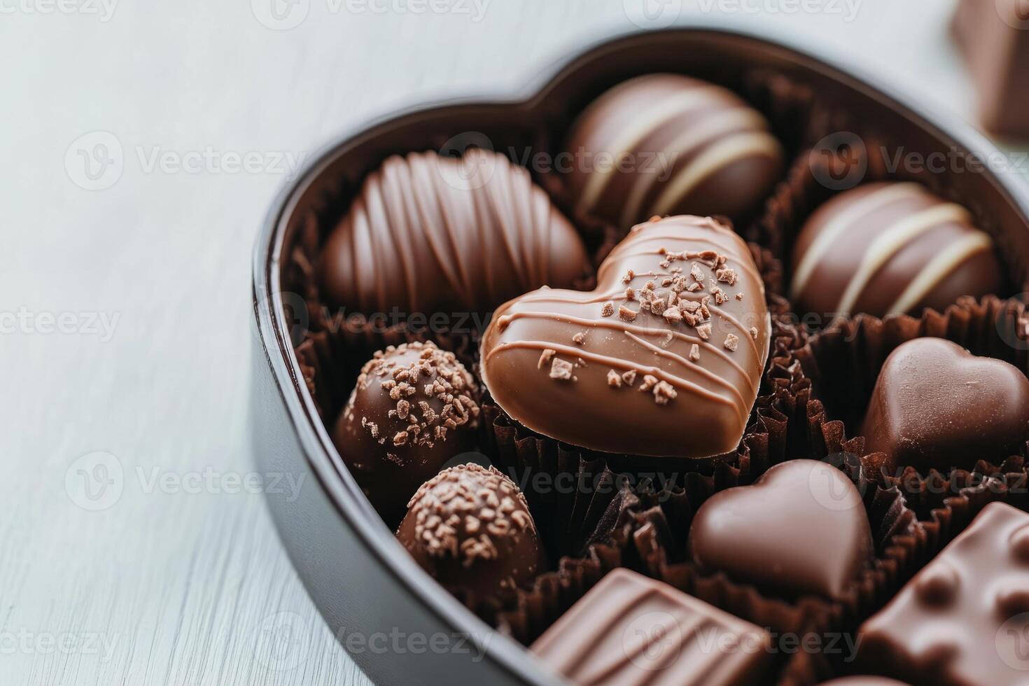 Heart shaped box filled with an assortment of gourmet chocolates photo