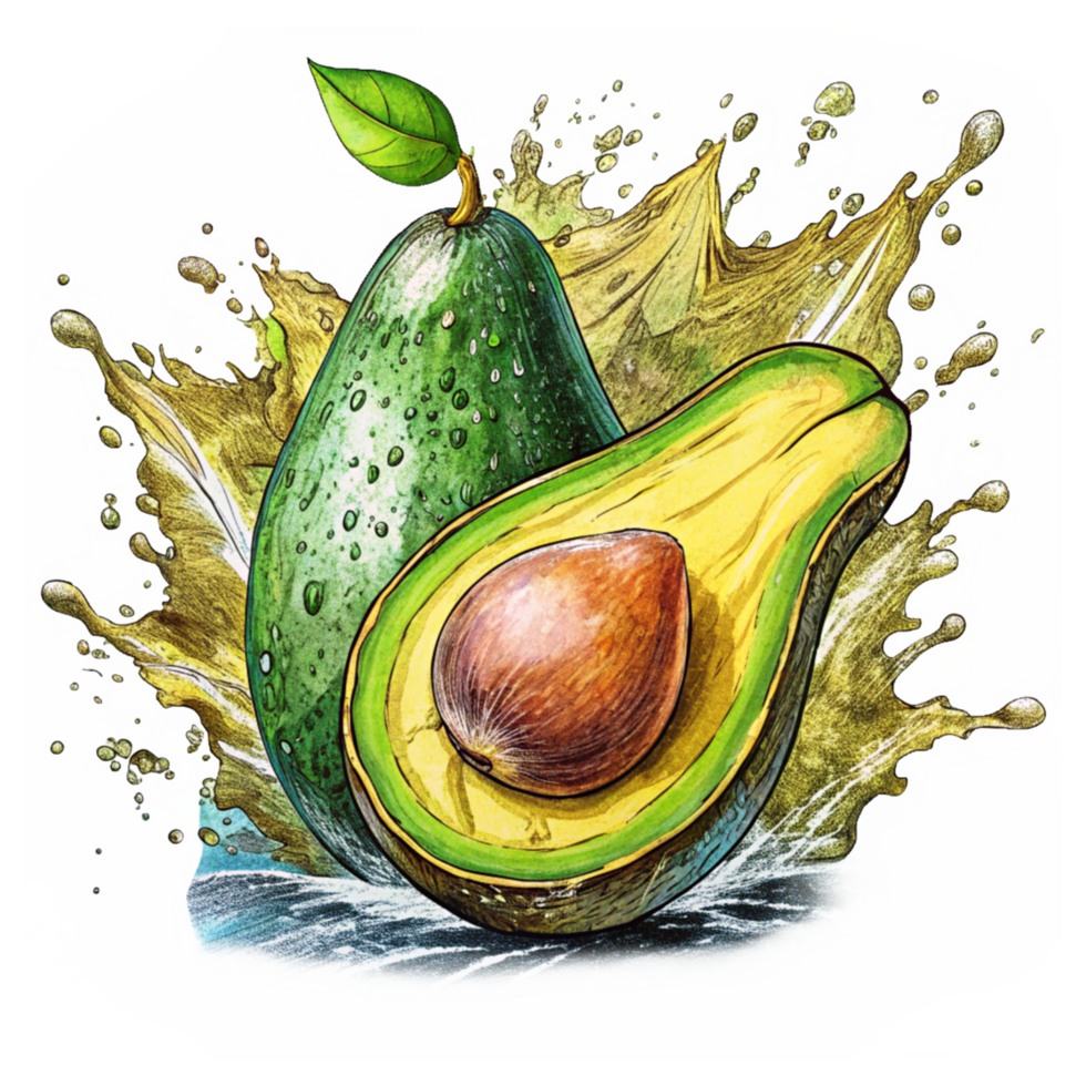 Whole Avocado with Splashing Water Design png