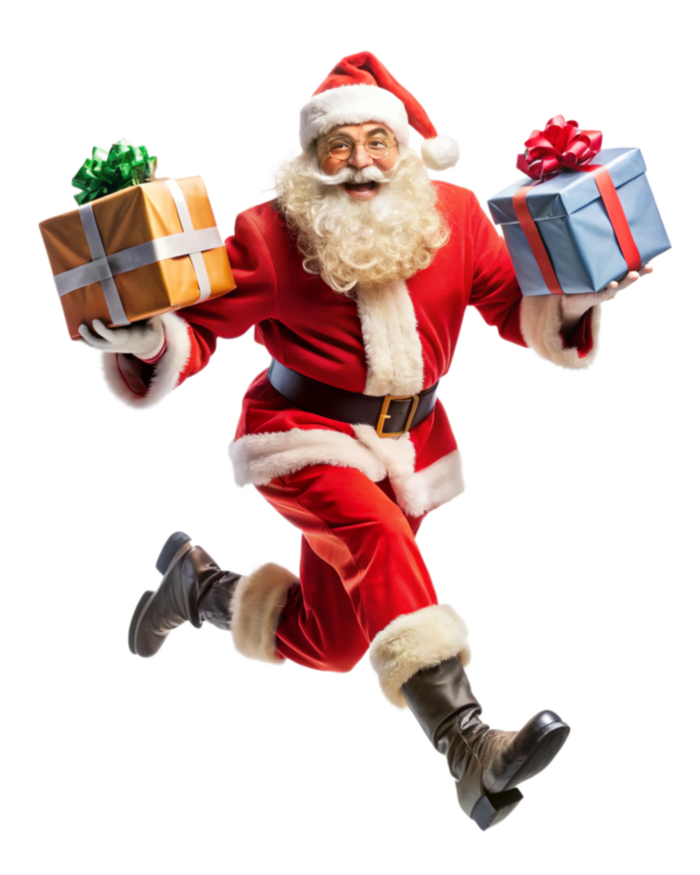 Santa und Geschenk Kisten im ein festlich Flug png