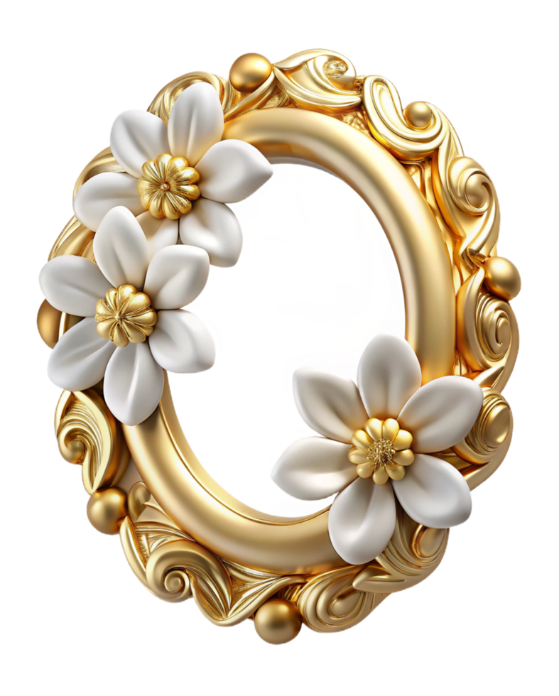 Beautiful White Flowers on Golden Decorative Frame png
