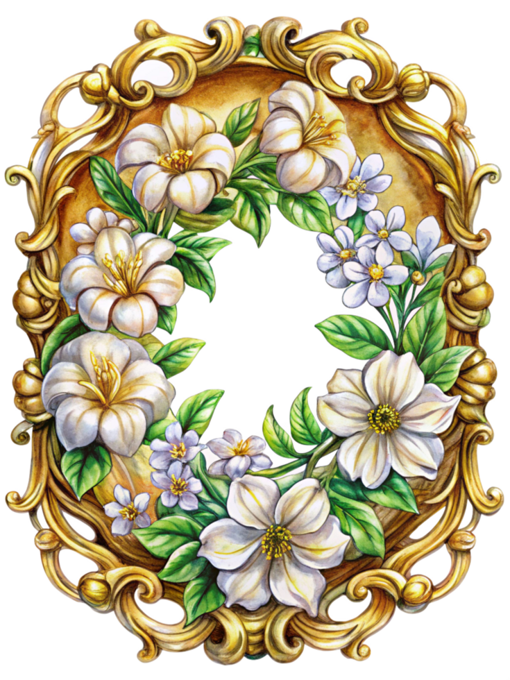 Gold and White Elegance Frame with Flowers png