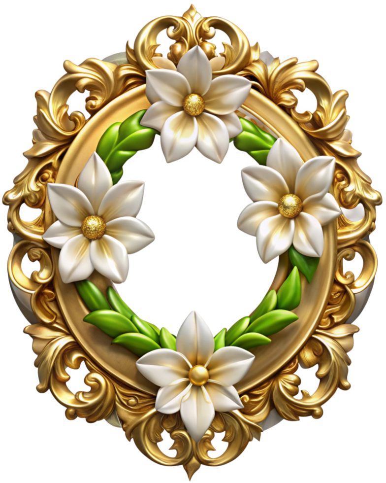 Ornate Frame in Gold with Pure White Flowers png