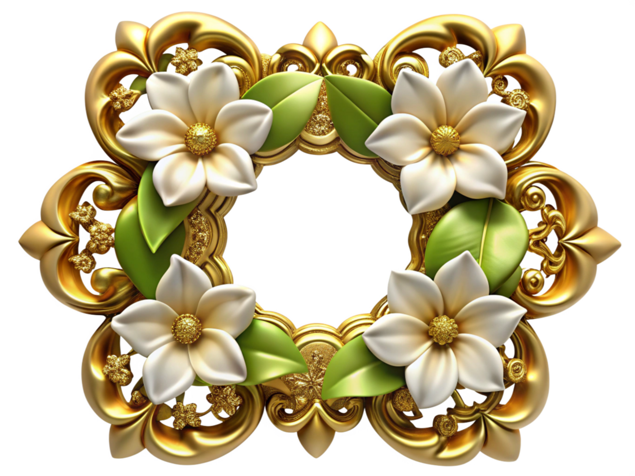 Sophisticated Golden Frame with White Flower Accents png