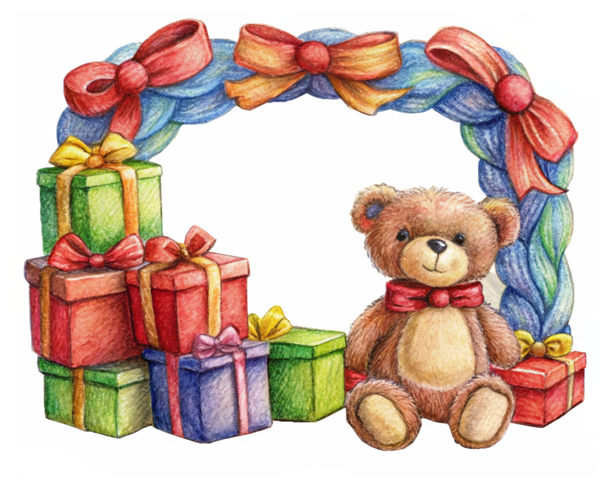 Adorable Teddy Bear with Holly and Christmas Frame png