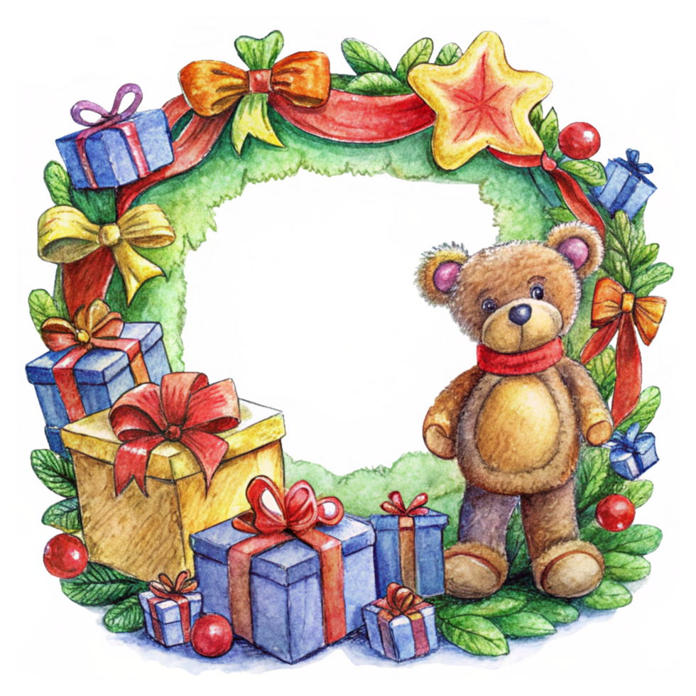 Christmas Frame with a Teddy Bear and Evergreen Branches png
