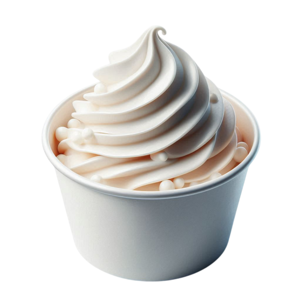Delicious Vanilla Soft Serve Ice Cream in a White Cup with Swirled Design png
