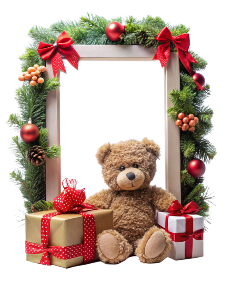 Teddy Bear Christmas Frame with Festive Ornaments png